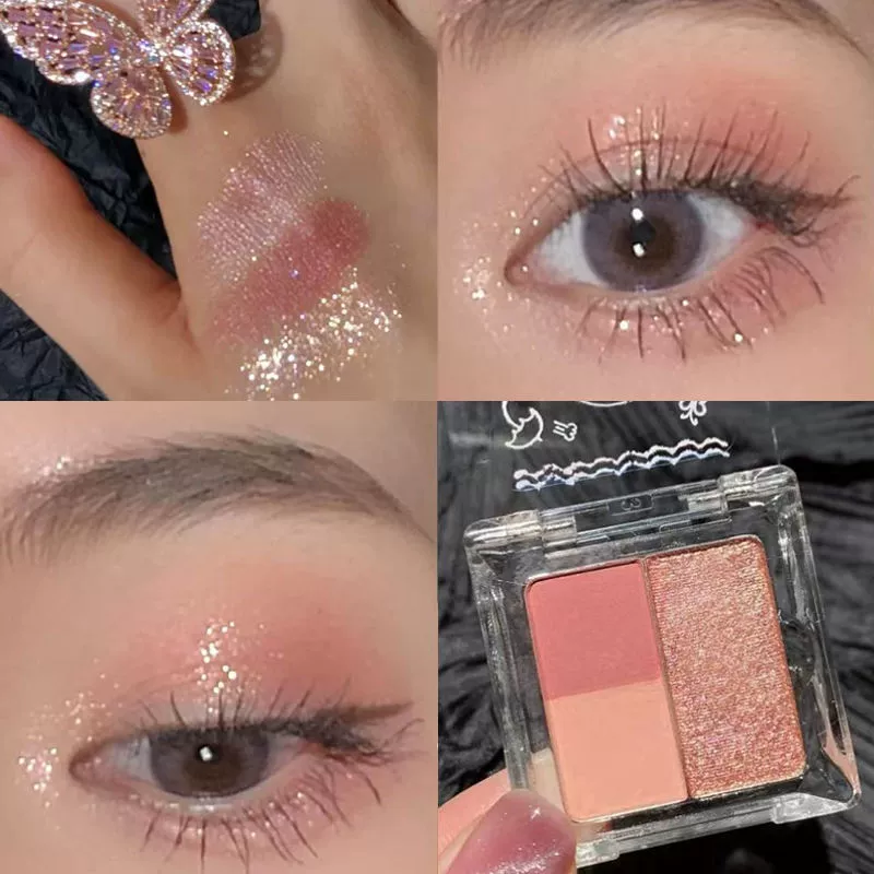 Eyeshadow Duo, pink–purple shiny palette, sequin finish, handheld compact