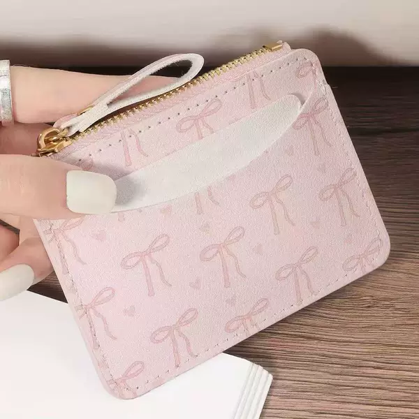 Women's Ultra-Thin Zipper Wallet with Pink Heart-Shaped Bow, Card Holder, Lightweight Daily Use Card Case with Zipper Closure