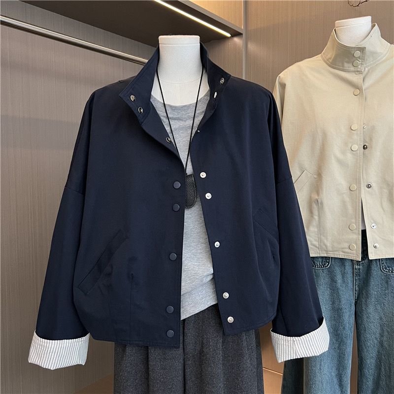 Korean Style Stand Collar Single-Breasted Workwear Short Jacket for Women Spring and Autumn New Style Petite Design Jacket Windbreaker