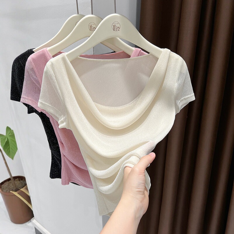 Swing Collar Mesh Bright Silk Short-Sleeved T-Shirt Women's Summer New Slim-Fitting Thin Top Bottoming Shirt Slim-Fitting Breathable Skin-Friendly Inner Wear