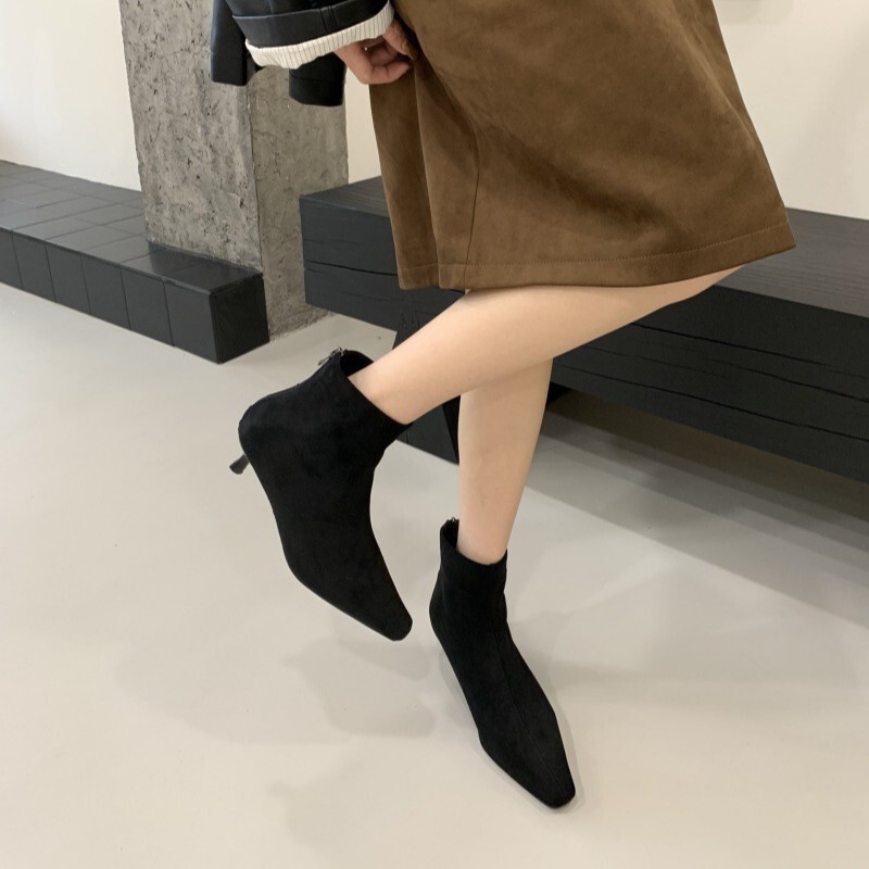 高跟尖头瘦瘦靴短靴女鞋2025年秋冬新款粗跟气质百搭法式小裸靴子|undefined