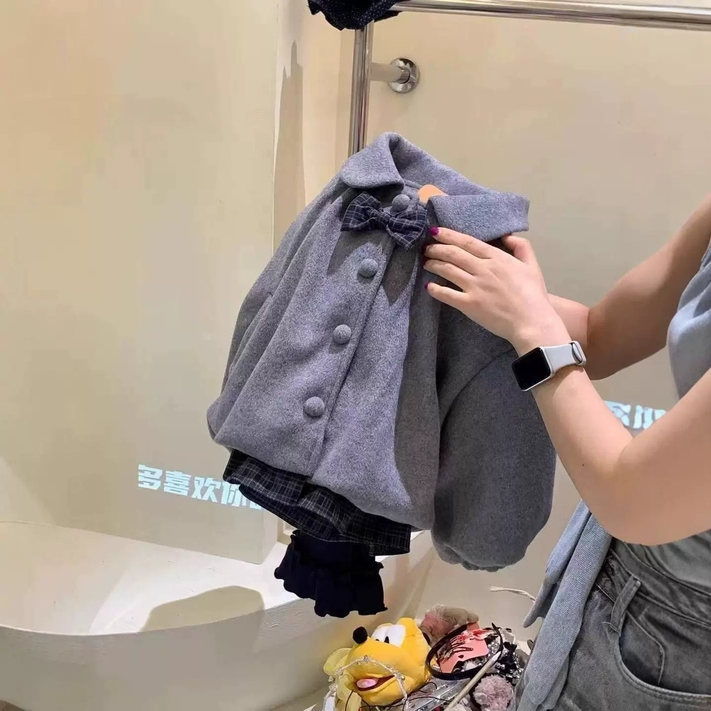 女童毛呢外套秋冬25新款儿童学院风夹棉蝴蝶领结拼接格子甜美大衣