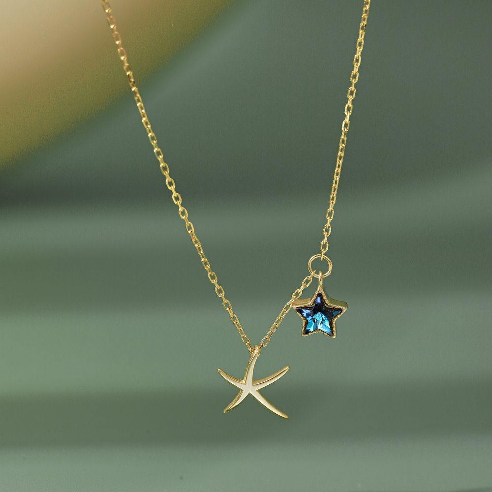 Fashion Star Starfish Sterling Silver Inlaid Zircon Necklace