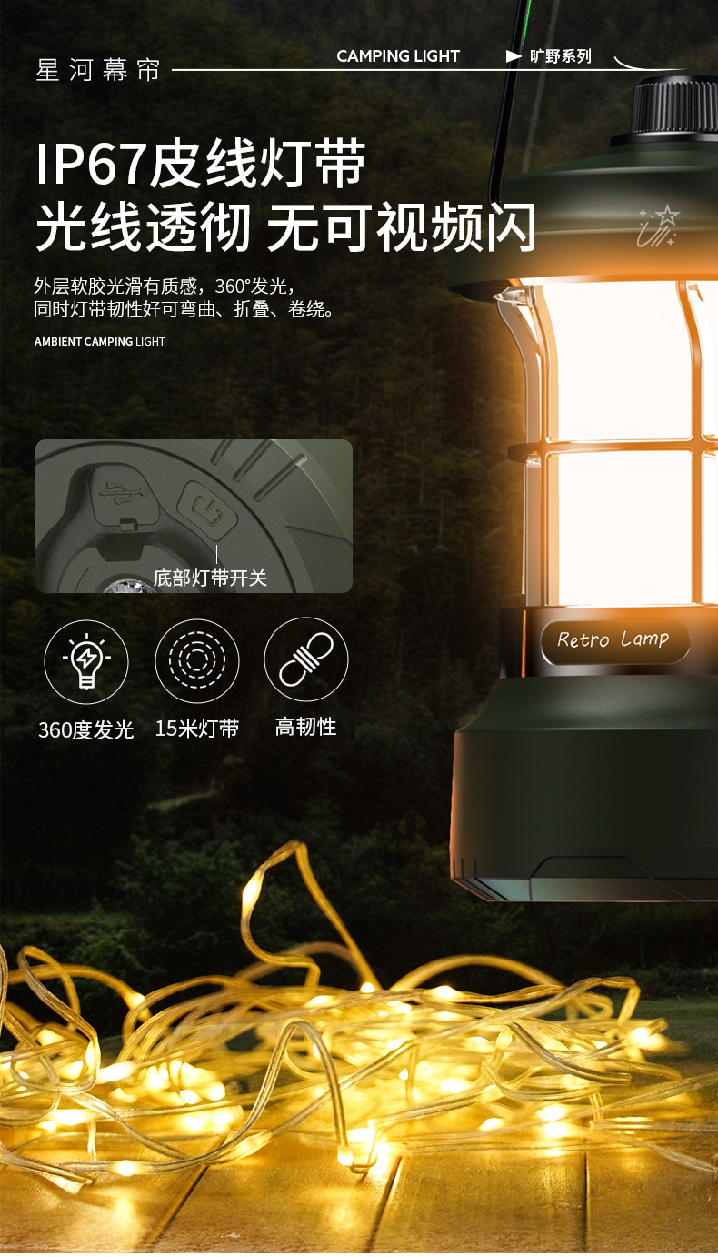 Cross-border retro-style portable outdoor camping lantern, rechargeable, for tents and campsites, with multi-functional, colorful LED strip lights for creating ambiance