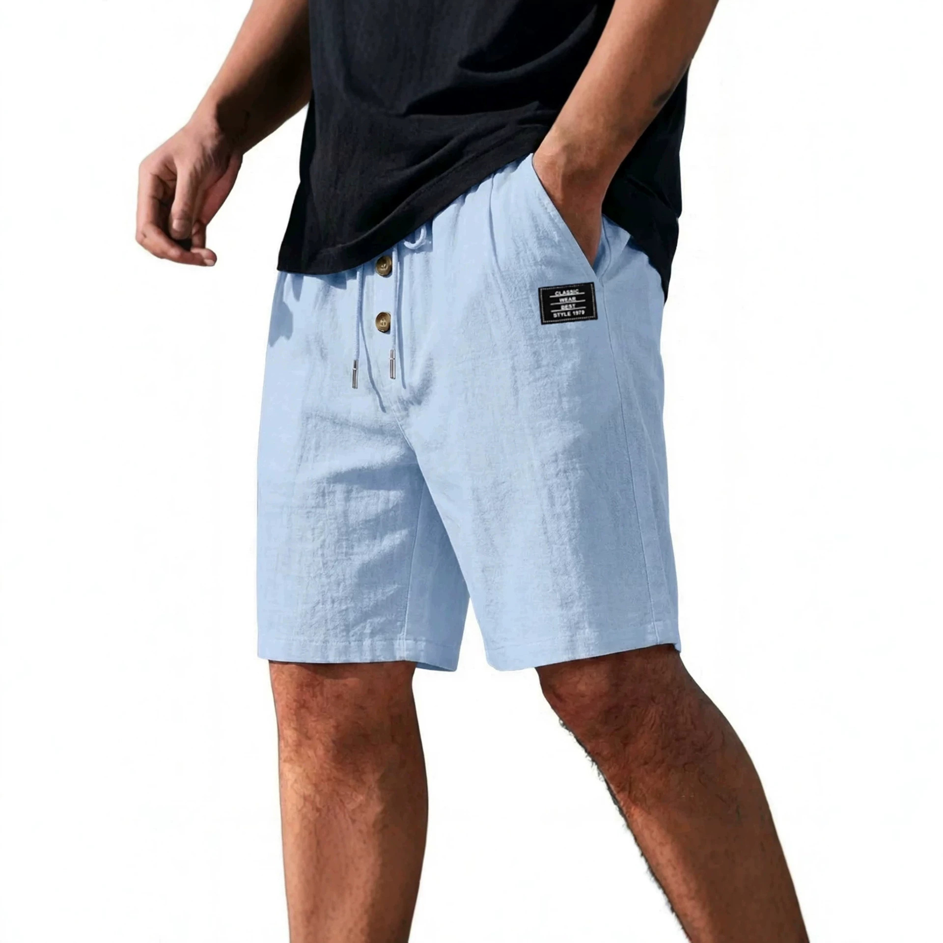 Men's Summer Cotton Linen Blend Loose Fit Solid Color Casual Shorts Trendy Sports plus Size mid Waist Beach Wear_viptrois.com