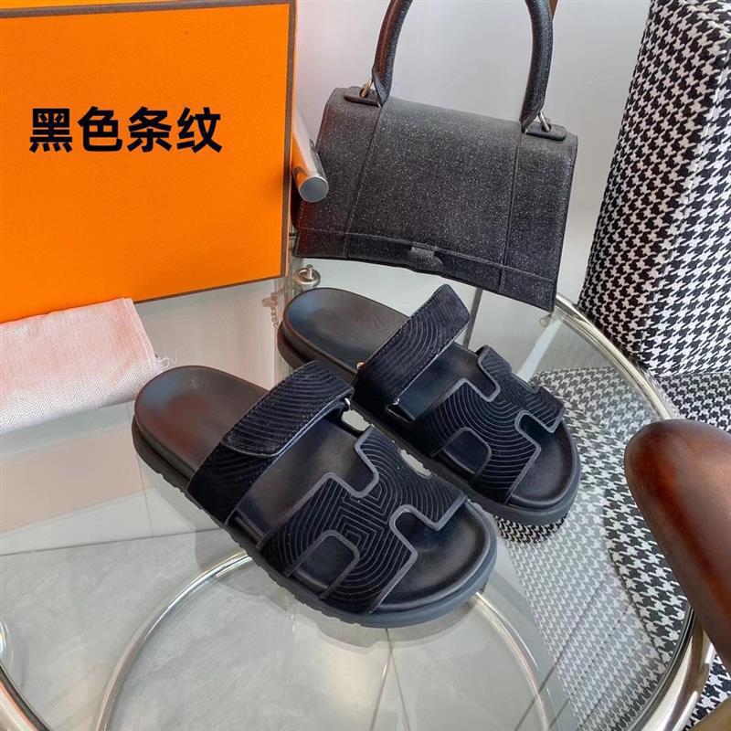 女性用の高品質の二級サンダル、ビーチ用の第一層牛革ベルクロスリッポン、男性用のフラットビッグブランドスリッパ|undefined