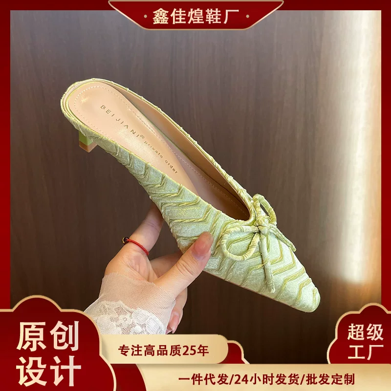 3582-3 Fruit green high-end design bow pointed toe mid-heel mules for women stiletto high heel half slippers