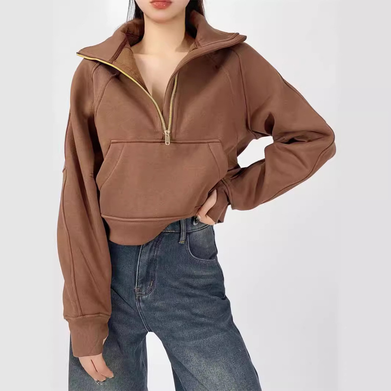 2024 European and American Foreign trade cross-border Amazon popular half zipper short stand collar thumb hole fleece-lined sweater women's loose