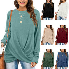 2024跨境外贸新款 亚马逊wish圆领长袖休闲运动衫扭结T恤上衣