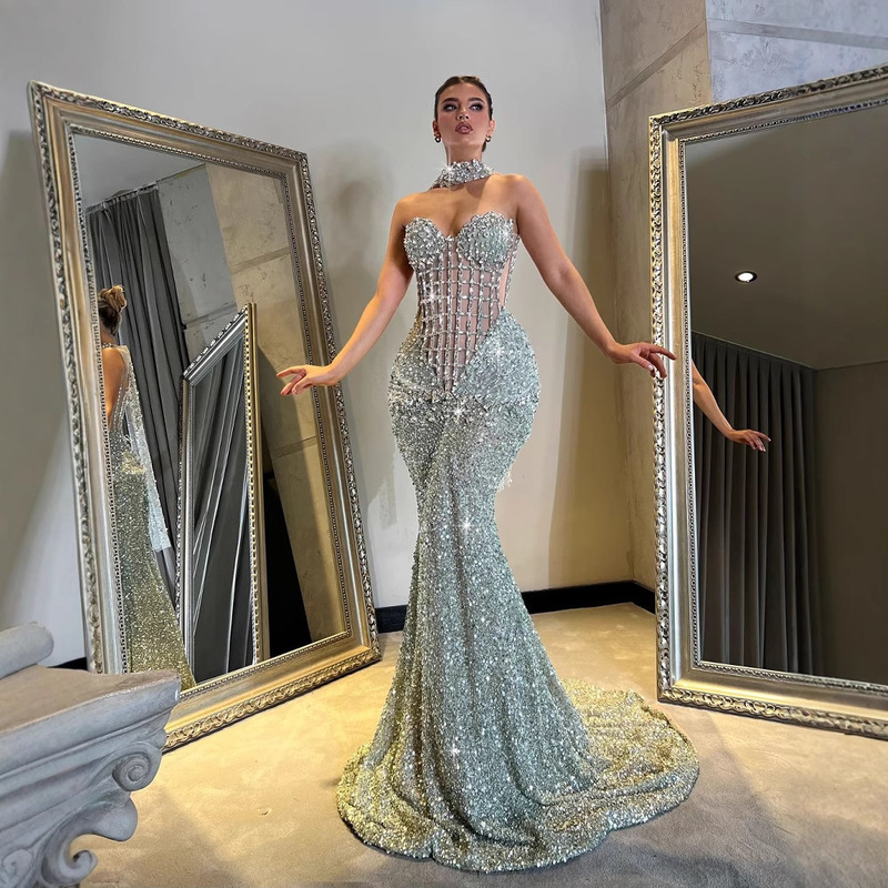 Cross-Border New Sequin Elegant Commuting Heavy Beaded Solid Color Strapless Host Banquet Long Dress Ball Gown Evening Dress