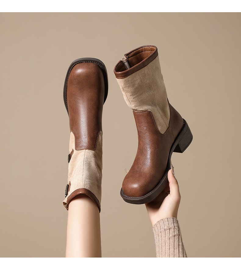 Vintage high-heeled booties Women's boots New fall/winter belt buckle mid-calf single boot chunky heel boots_voghion.com