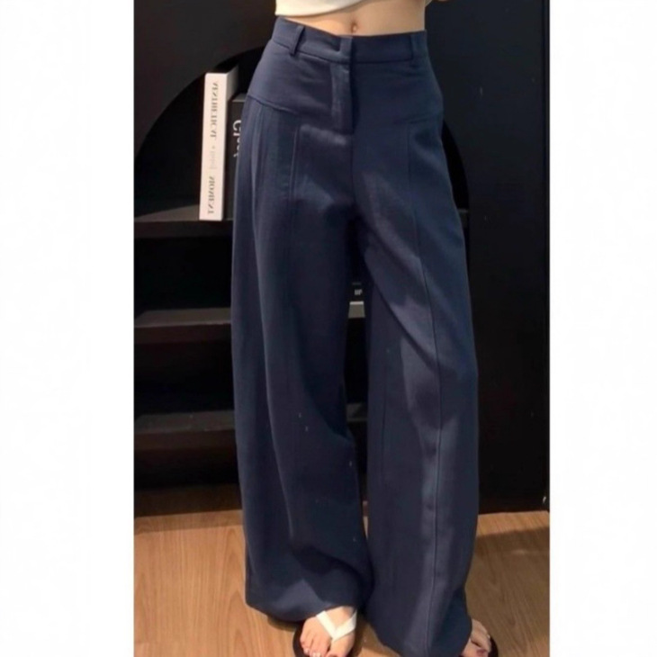 Navy Blue Linen Wide-Leg Pants for Women, Autumn Thin High-Waisted Old Money Style Suit Straight-Leg Ice Silk Cotton Linen Casual Pants