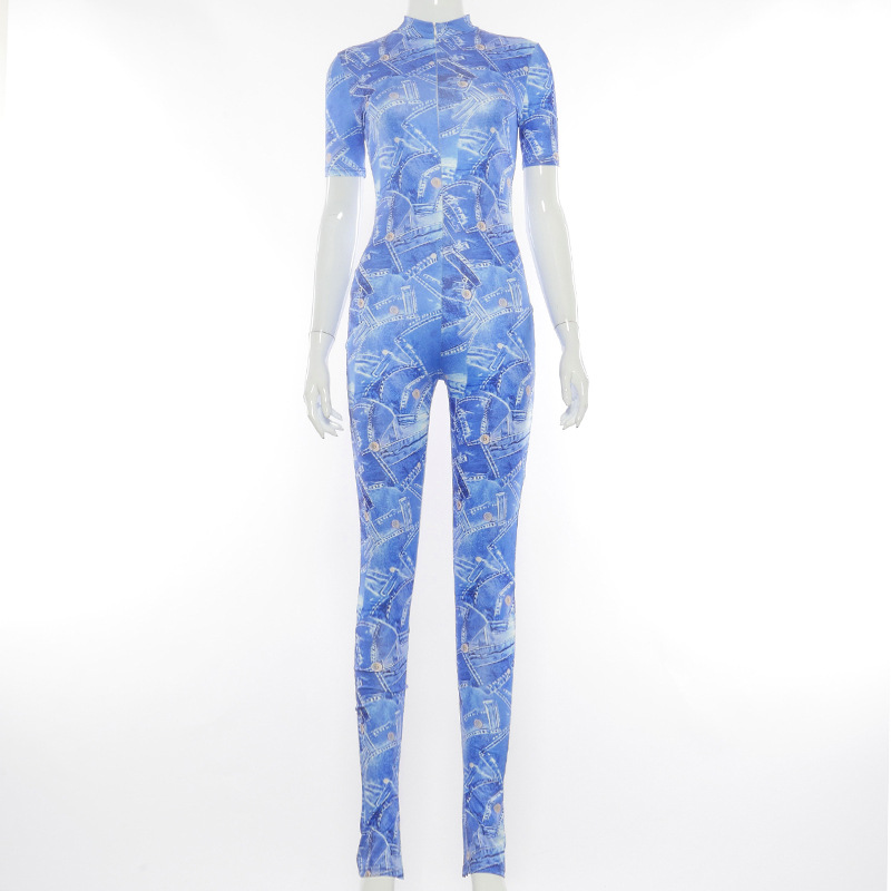 tie-dye denim print short-sleeved jumpsuit NSMX25336