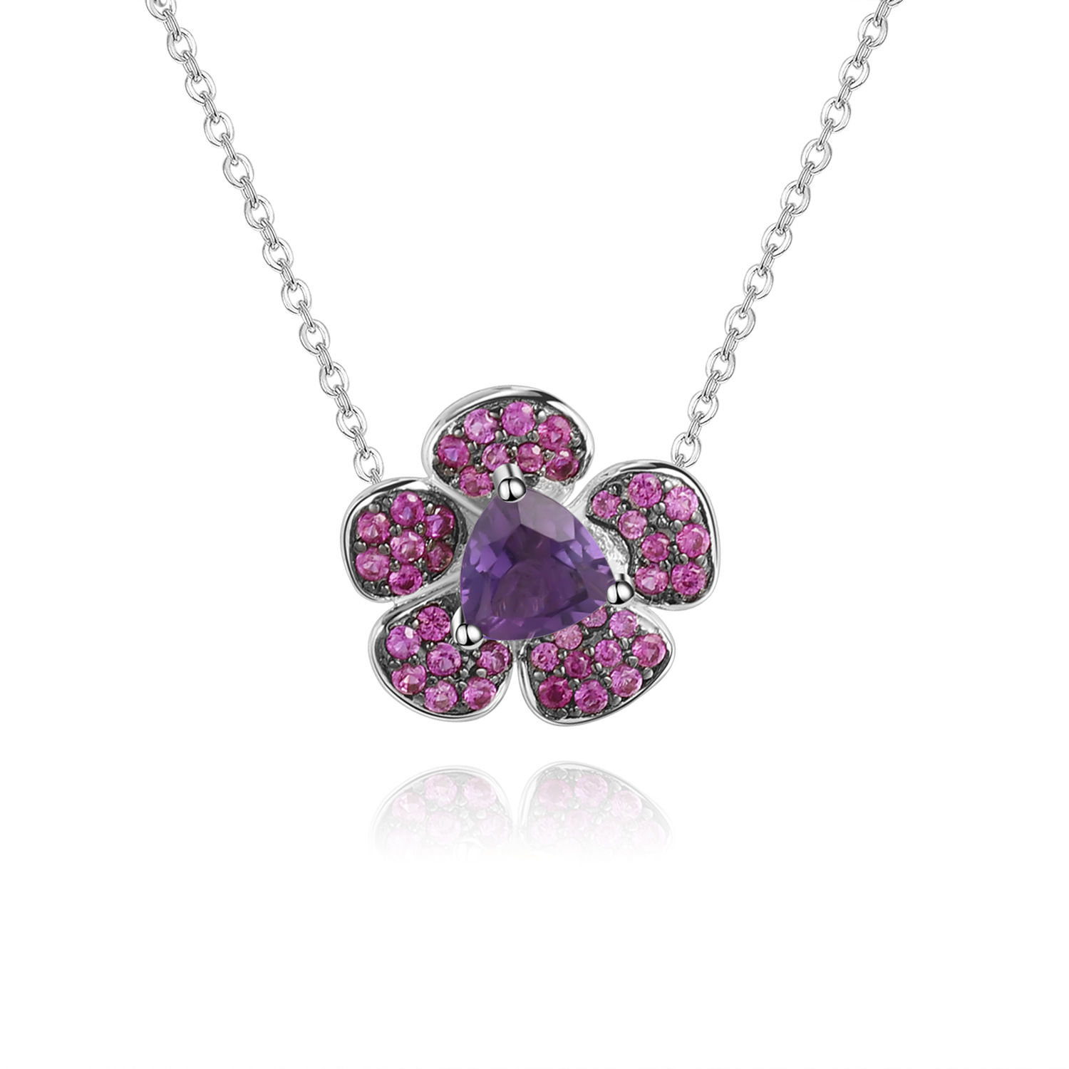 设计师款天然紫水晶吊坠 花卉造型设计s925银彩色宝石项链吊坠