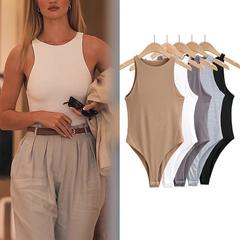 歐美風夏季跨境女裝性感塑身露肩圓領純色無袖打底連體衣批發