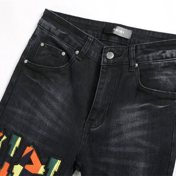 Black elastic badge, jeans, with embroidery, mid rise