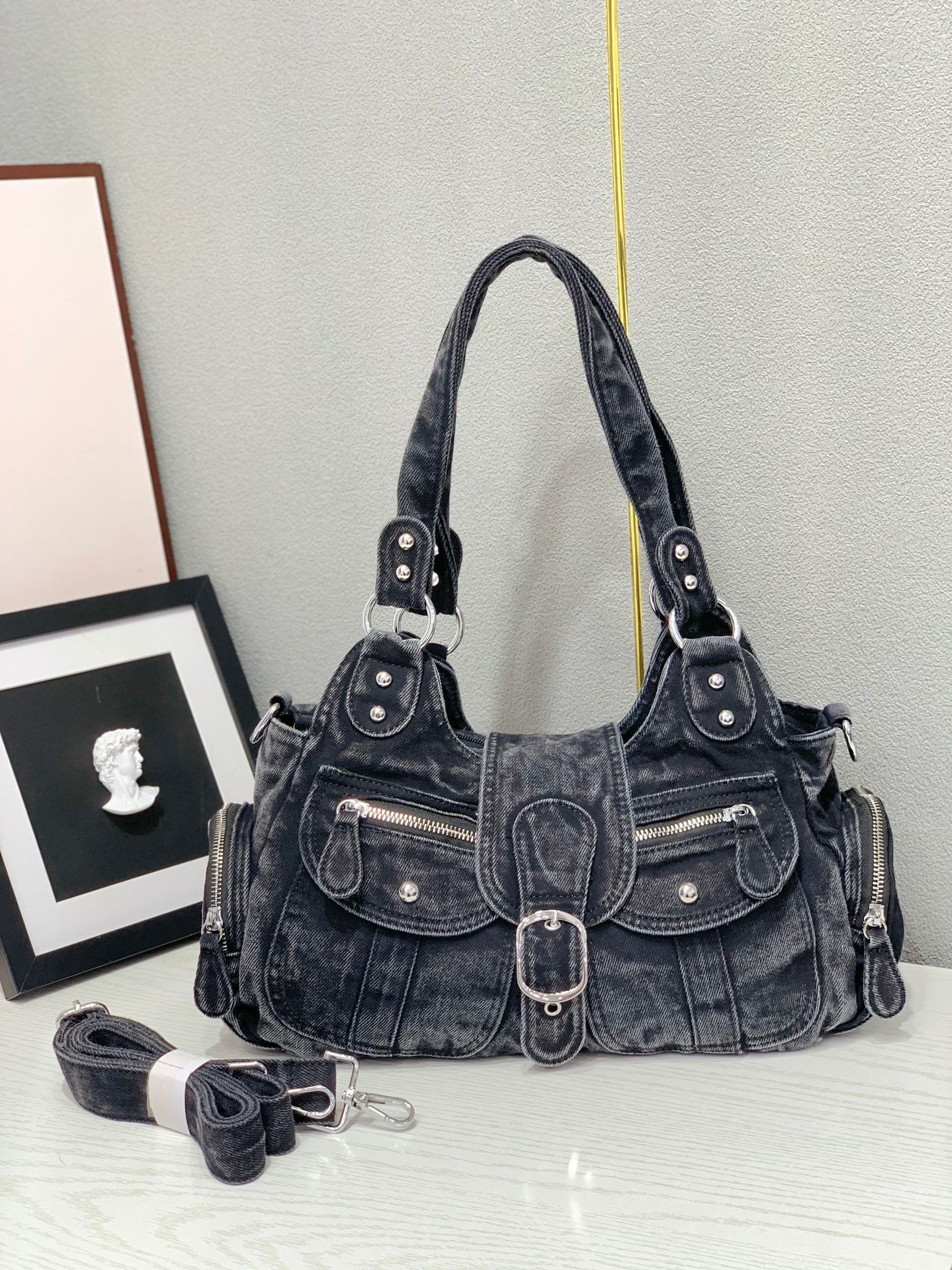 Fashionable retro denim capacious underarm bag, handheld bag strap, city style, European style