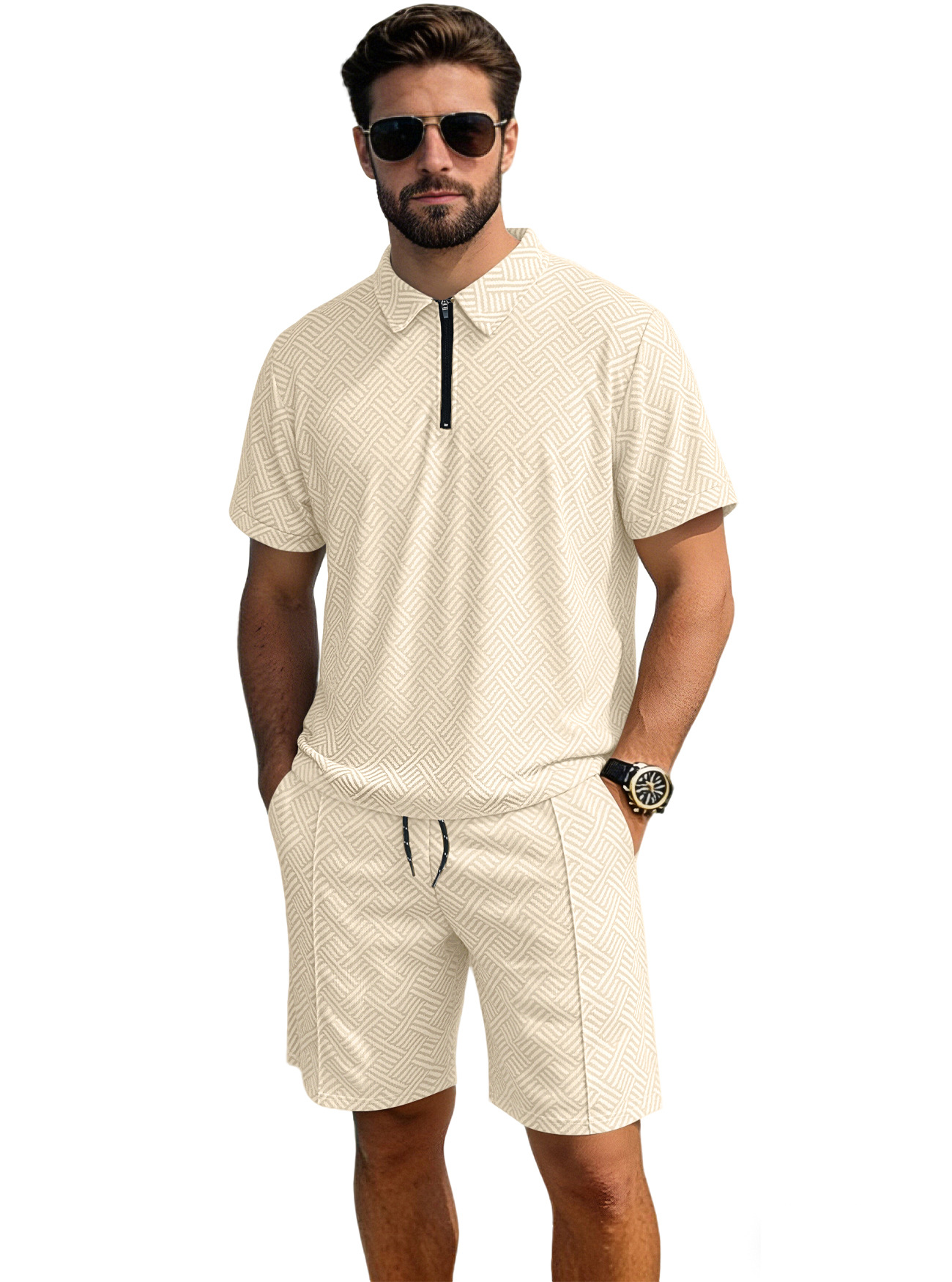 Verano transfronterizo nuevo hombre venta de cremallera manga corta polo vacaciones ocio comercio exterior manga corta set