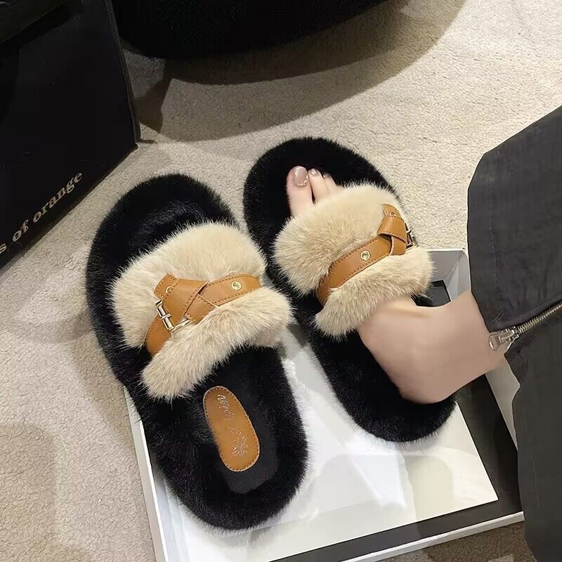 Zapatillas gruesas cruzadas con lana para mujeres otoño y invierno nuevas zapatillas de algodón doméstico de fondo suave grueso muffin