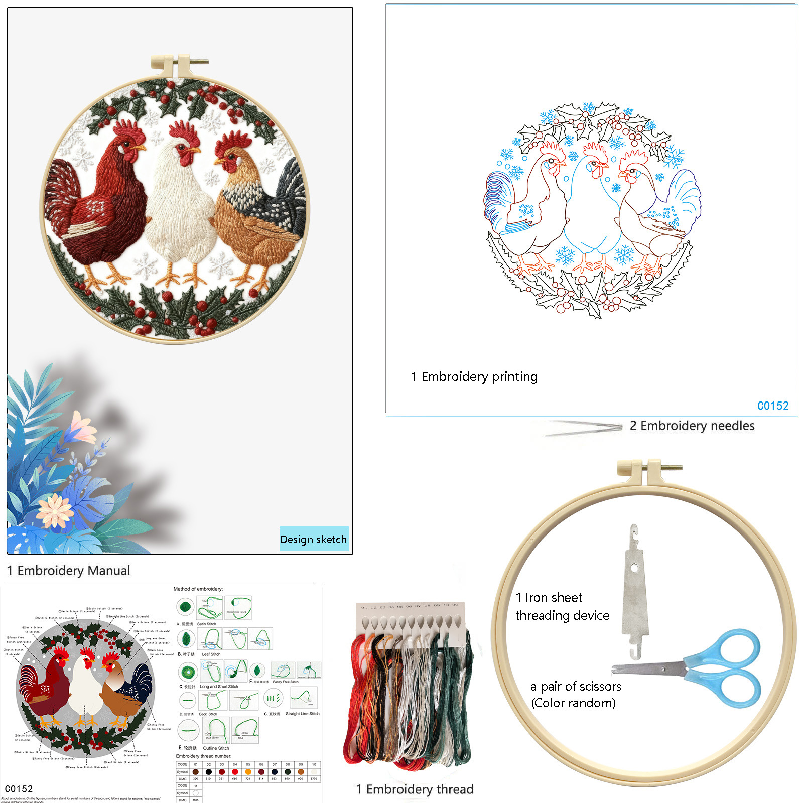 Transfronterizo Amazon explosión tres pollo animal bordado kit DIY material paquete auto bordado Inglés fábrica al por mayor