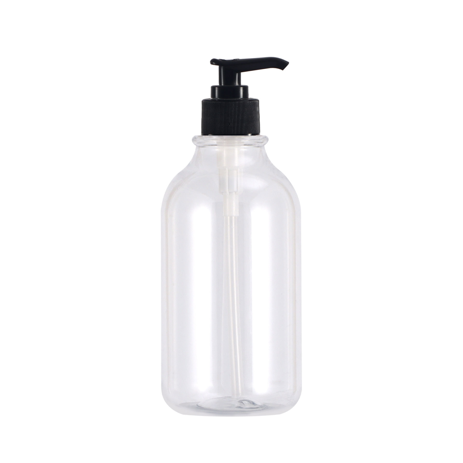 Botella de loción corporal de 300 ml en stock con hombros redondeados, botella dispensadora de plástico tipo pulsador para loción, botella de champú de PET de 500 ml.