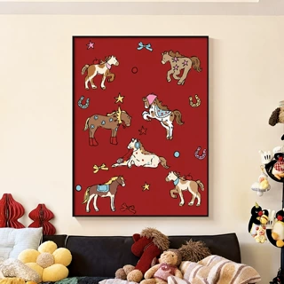 新年喜庆红底卡通骏马挂画童趣儿童房客厅装饰画玄关入户门壁画
