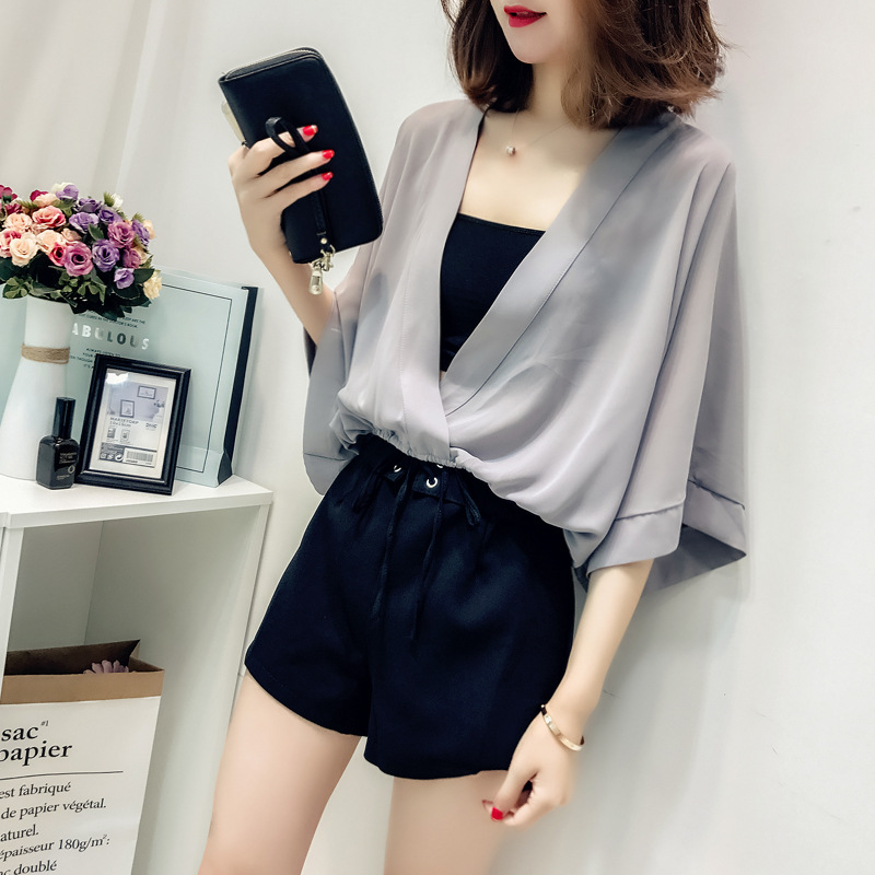 宽松百搭雪纺衫夏短款ins七分袖洋气V领上衣蝙蝠袖纯色套头罩衫女|ms