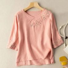 唐装女棉麻七分袖刺绣盘扣文艺复古衬衫女夏季宽松大码休闲上衣