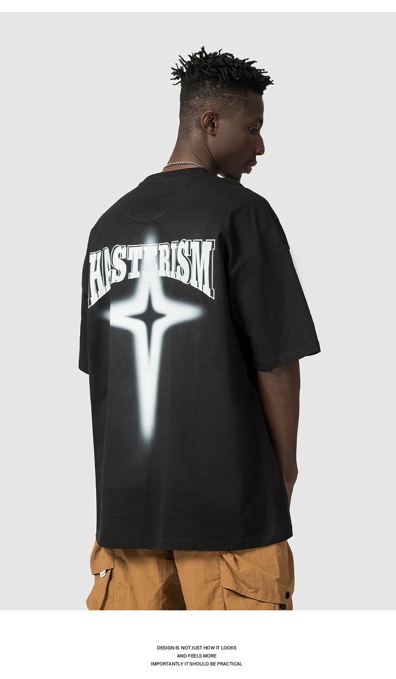 American High Street Fashion Brand T-shirt Men's Short Sleeve Star Print Loose Oversize Off Shoulder Cotton Round Neck_voghion.com