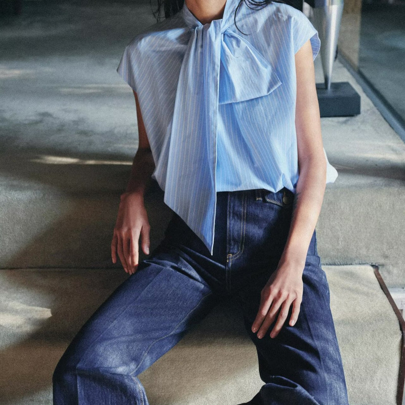 Za Cross-Border Wholesale Summer New Style Light Blue Sleeveless Tie-Up Shirt for Women French Cross-Collar Loose Commuter Top