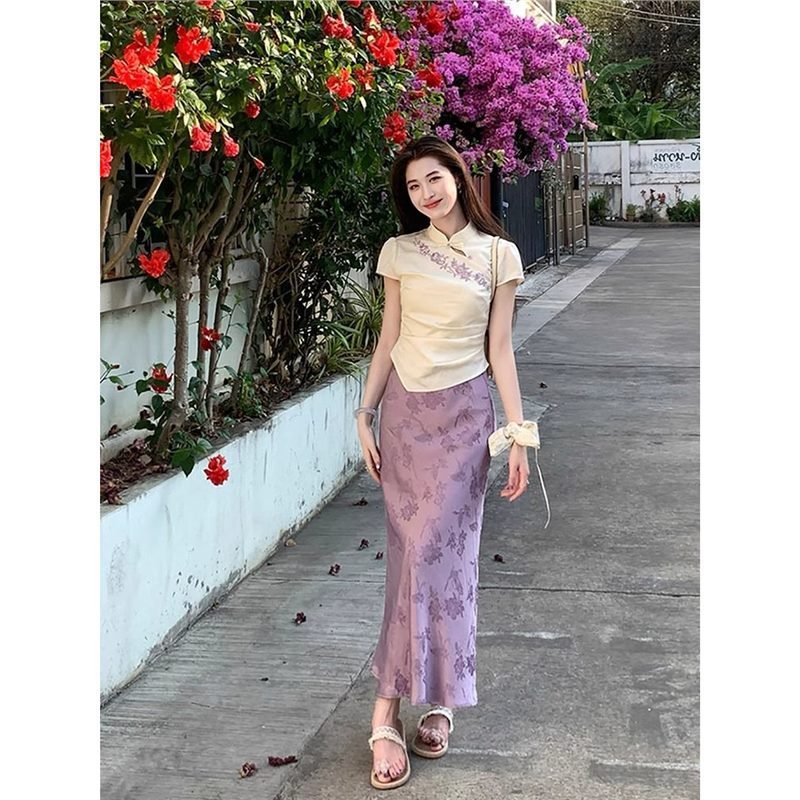 新中式套装女2025国风高级感提花盘扣上衣鱼尾包臀半身裙子两件套|undefined