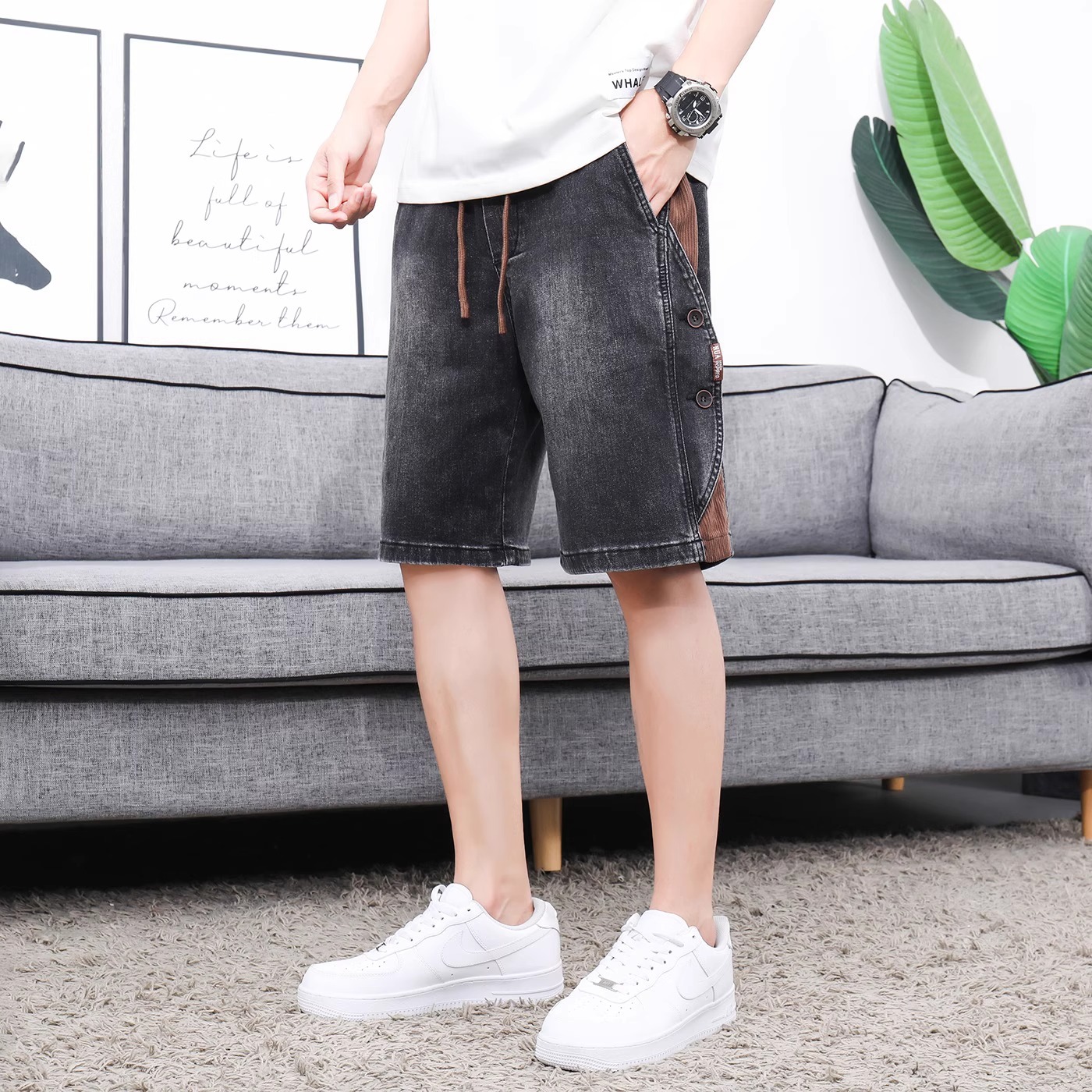 Pantalones Cortos Vaqueros para Hombre de Algodón Corte Recto para Uso Diario