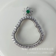 s925纯银大肚佛公吊坠女空托豪华满钻笑脸佛未镶嵌玉髓翡翠项链托