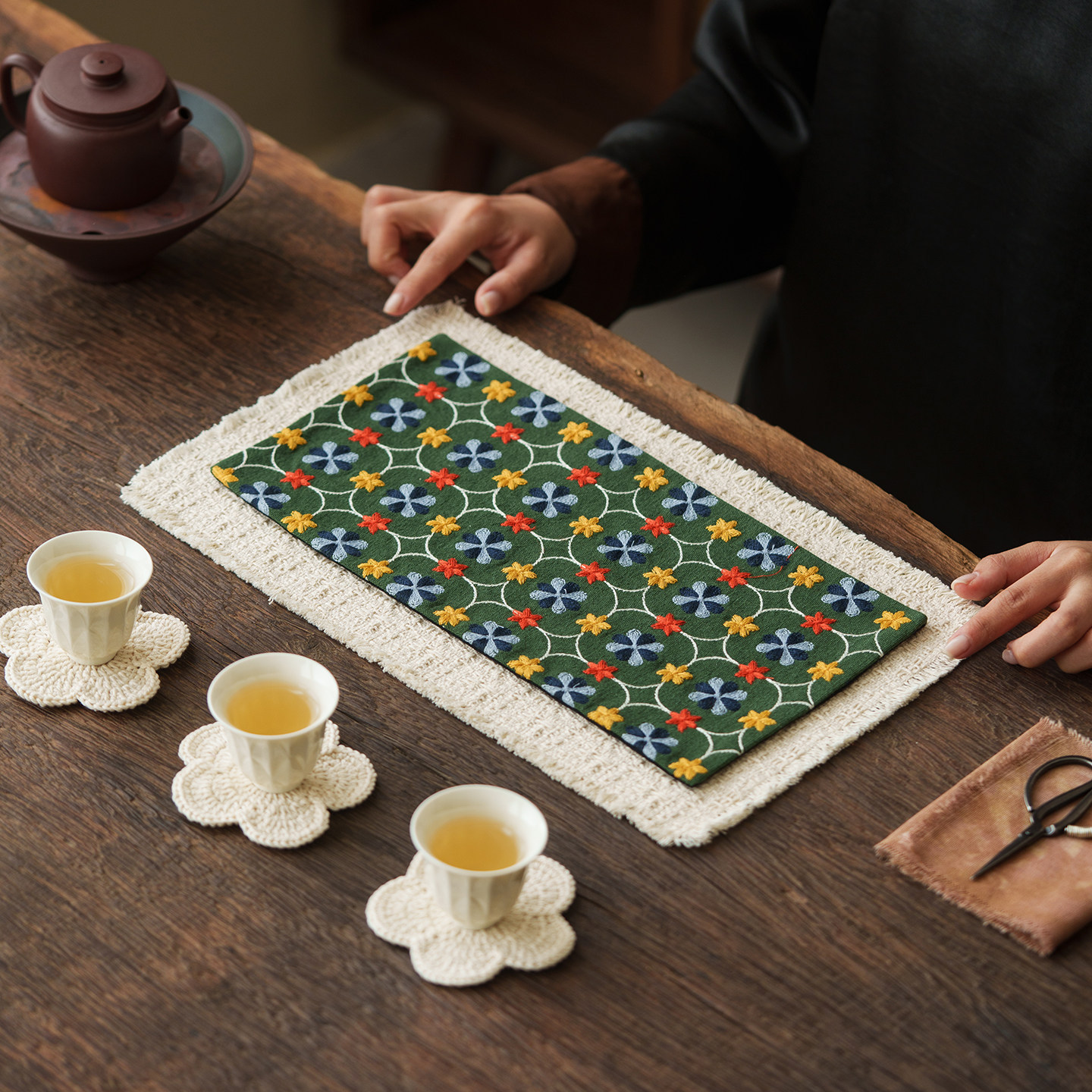 中古风棉麻干泡茶席茶垫手工刺绣防烫隔热垫茶道配件流苏壶承垫子
