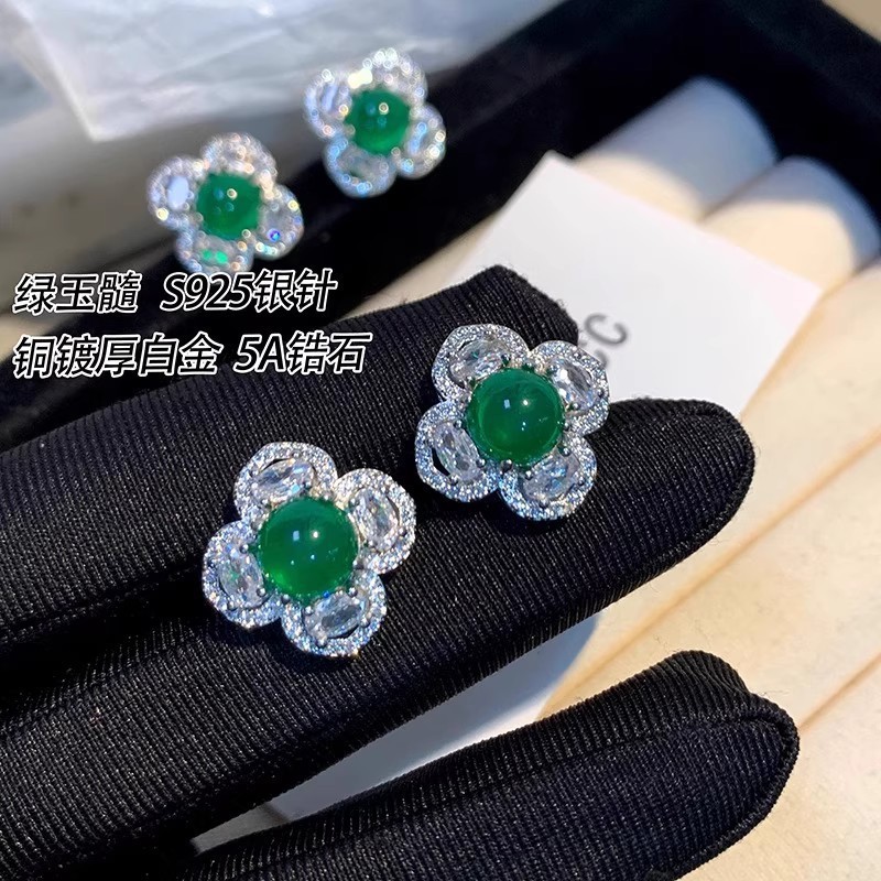 S925银针微镶精致锆石花朵耳钉女小众高级感珍珠耳环真金电镀耳饰|undefined