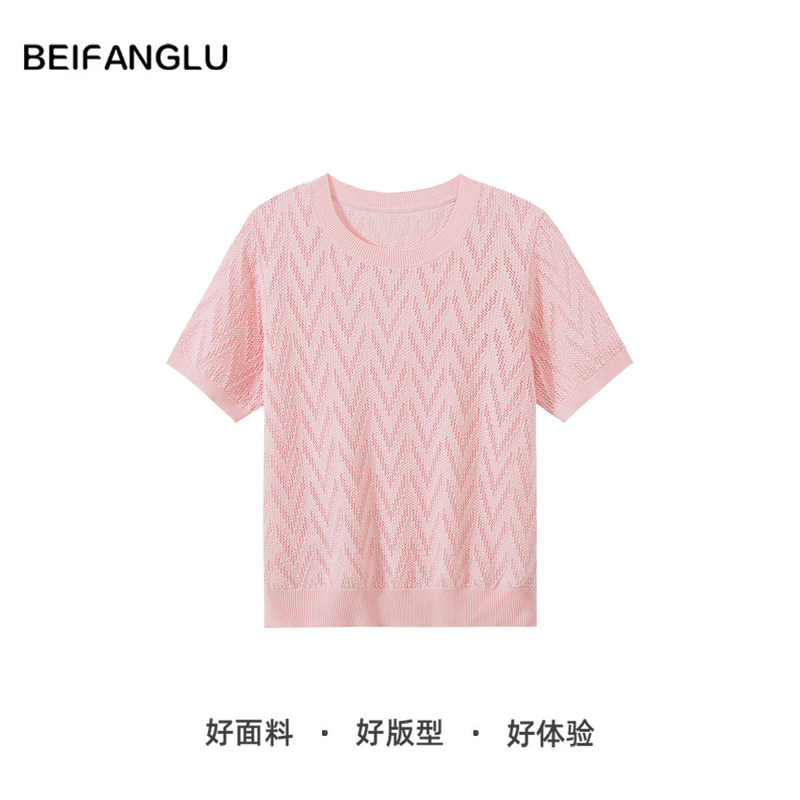 Northern Deer Lyocell Cotton Silk French Hollow Jacquard Knit Versatile Short Sleeve T-Shirt for Women 261226 Northern Deer Lyocell Cotton Silk French Hollow Jacquard Knit Versatile Short Sleeve T-Shirt for Women 261226