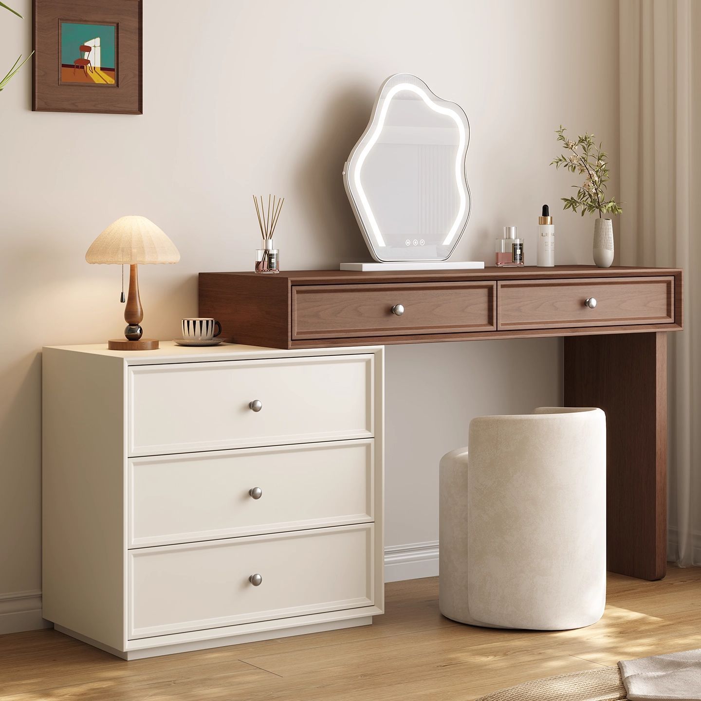 Simple Retro-Style Walnut Dressing Table, Medieval Cream-Style Bedroom Cupboard, Integrated Solid Wood Dressing Table, Storage Table