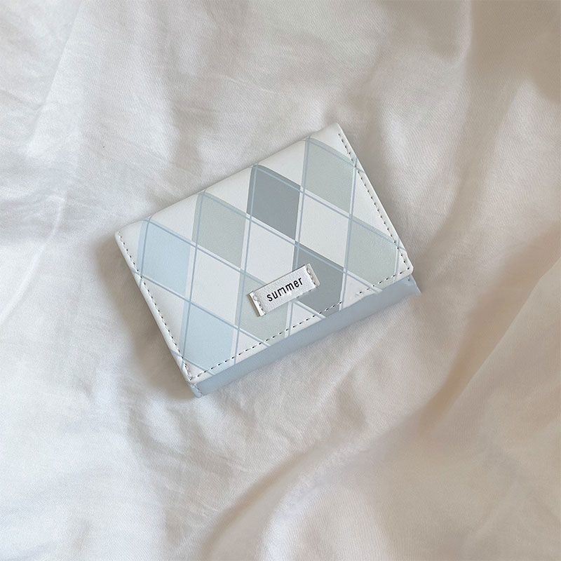 Sea salt blue plaid wallet new style simple ins style Korean multifunctional student wallet coin card bag integrated bag_voghion.com