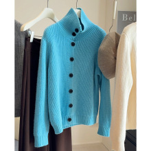 秋冬韩系慵懒风高领单排扣加厚毛衣女2025新款休闲宽松针织外套潮