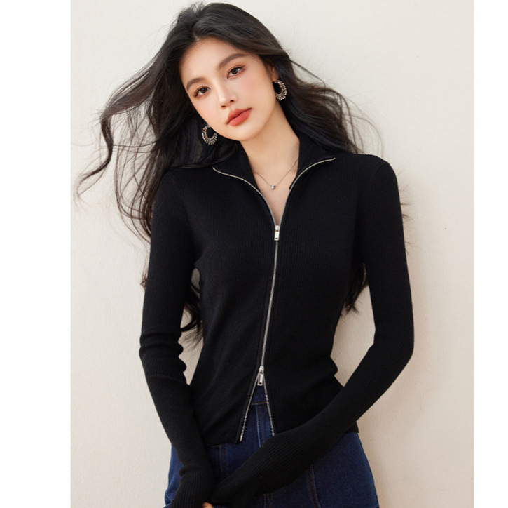 Brother's Mall Same Style Women's 2025 Autumn In-Stock Fashion Nude Double-Ended Zipper Knit Cardigan Sweater Top