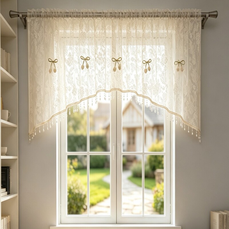 1PC Lace and Beaded Short Curtain for Home Living Room and Bedroom Decoration, Light-Transmitting but Opaque Sheer Curtain, Mosquito-Repellent 1PC Lace and Beaded Short Curtain for Home Living Room and Bedroom Decoration, Light-Transmitting but Opaque Sheer Curtain, Mosquito-Repellent