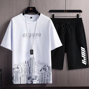 Short-sleeved T-shirt Set Men's Summer New Urban Printed Fashion Fashionable Korean Style Slim-fit Large Size Sports Two-piece Set