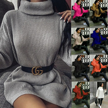 欧美秋冬新款亚马逊高领长袖毛衣外套跨境中长款毛衣裙外贸针织衫