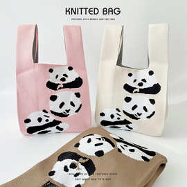 新款可爱卡通熊猫针织手提包背心包百搭学生大容量托特包厂家批发