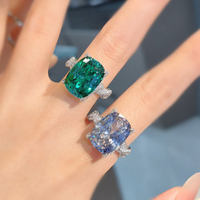 重工奢华满钻大克拉冰花切帕拉伊巴戒指高碳钻坦桑蓝肥长方钻戒女