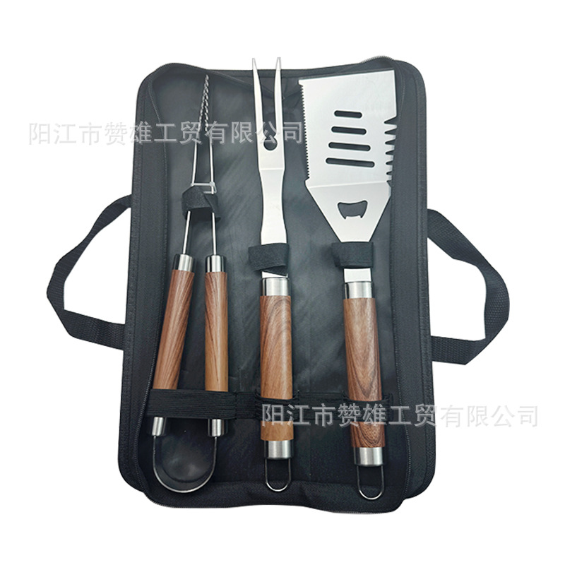 Juego de herramientas de barbacoa de mango de tubo grande de acero inoxidable de grano de madera Combinación de herramientas de barbacoa para exteriores Juego de barbacoa para hornear