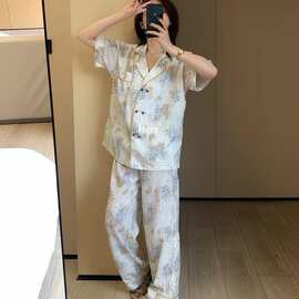 21026睡衣夏冰丝睡衣女短袖长裤套装家居服感印花开衫轻奢风爆款