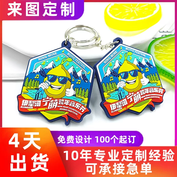 European and American export PVC soft rubber keychain cartoon music festival back printing LOGO QR code key accessories