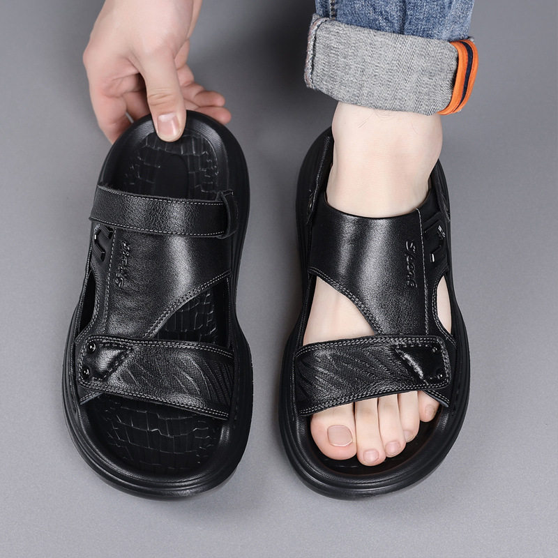 Dép sandal nam da bò lớp đầu hở ngón đế xốp gót 2,5 cm — Màu nâu, màu đen