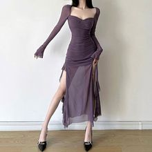法式气质优雅香芋紫显白长袖收腰连衣裙女不规则拼接长裙设计感
